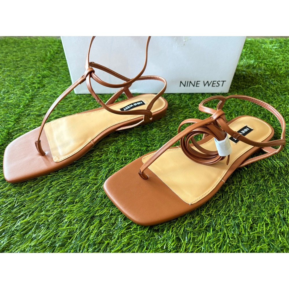 Nine West Norta3 Brown Lace Up Square Toe Flat Sandals WNNORTA3 Size 8M